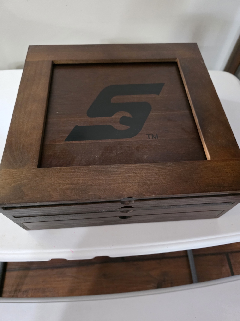 Solid Wood Game Box with Dark Brown Finish and Black Logo